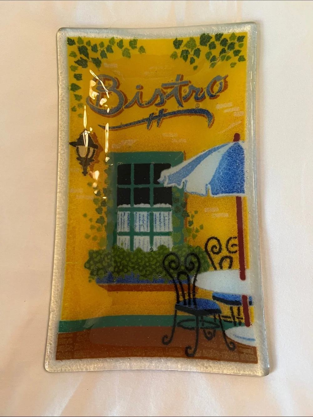 Bistro Decorative Glass Trinket Tray in Yellow and Blue- Peggy Karr